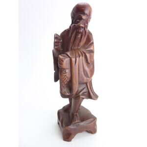 Vintage Chinese Shou Lao Fish Carved Wood Figures Statue Longevity